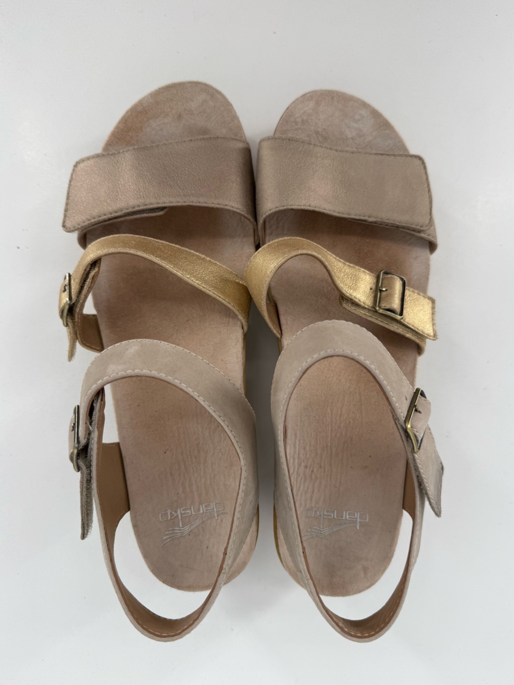 Dansko Beige and Gold Buckle Strap Sandals